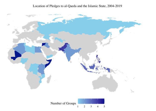 Description: Location of Pledges of Allegiance from Pre-Existing Groups to al-Qaeda and the Islamic State Credit: Mark Berlin 
